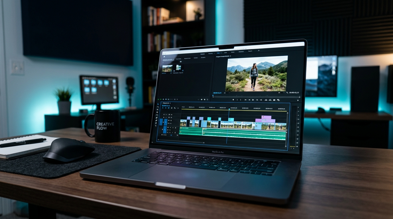 Laptop showing a video clipping timeline with highlighted segments, representing AI clipping tool selection.