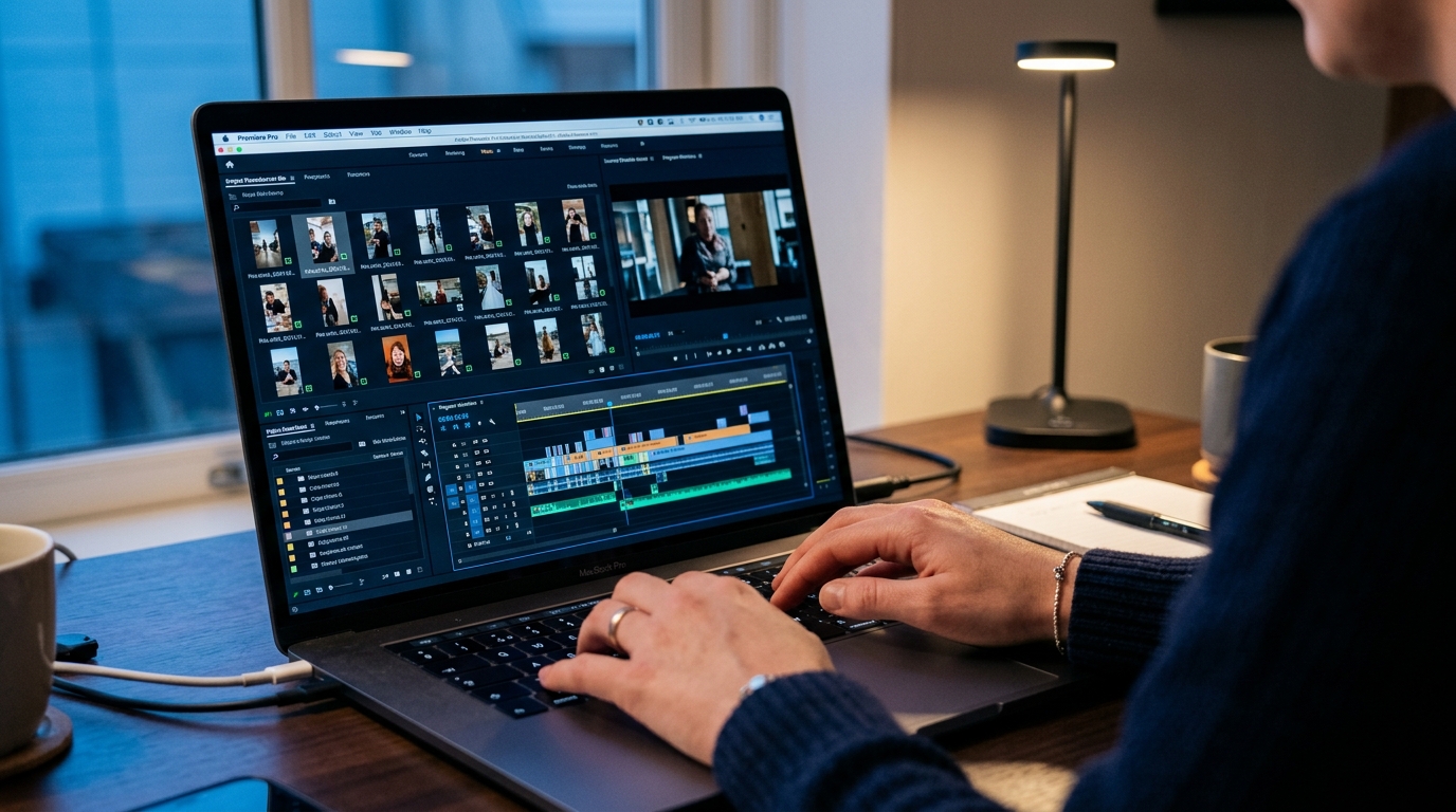 Hands on a laptop showing an AI clip maker interface with a grid of short video clips ready for review.