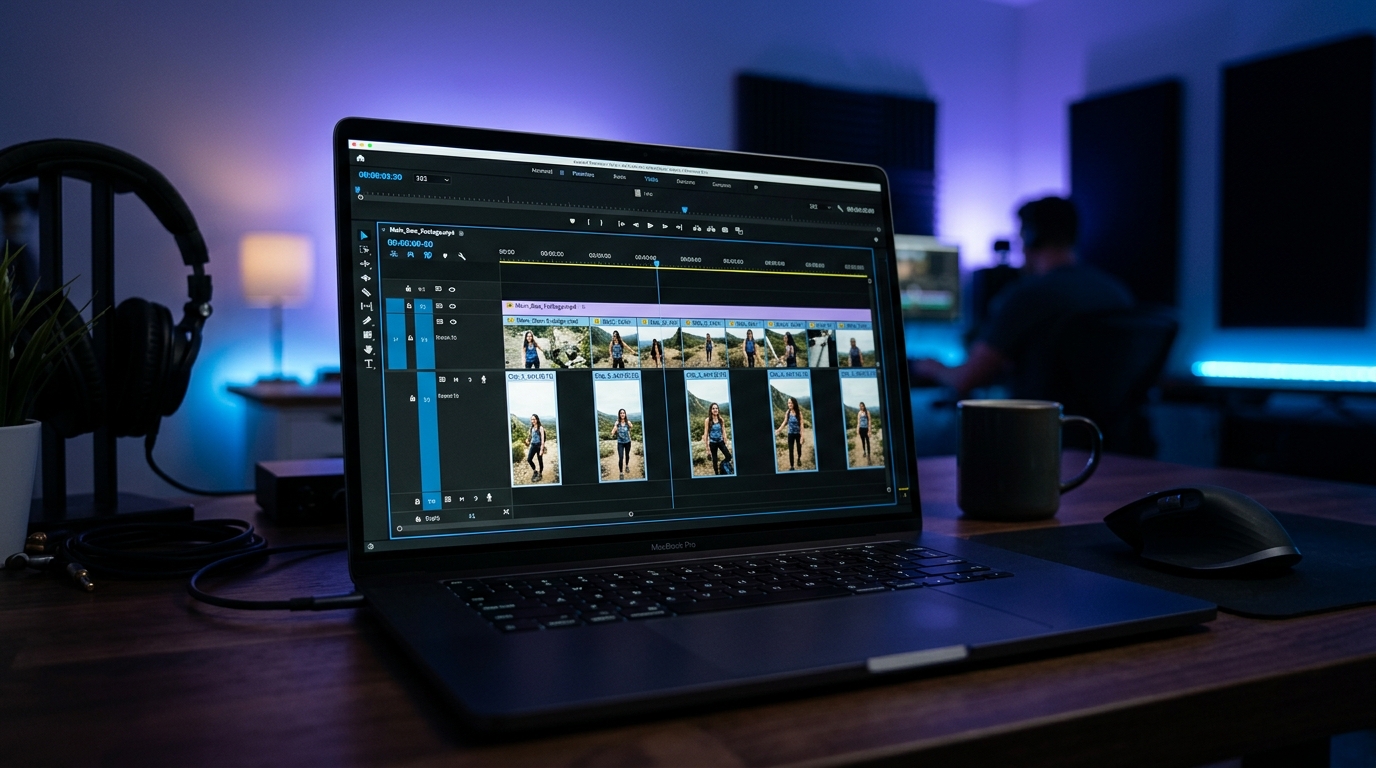 Laptop screen showing a long video being split into multiple short social media clips using an AI clipping tool.