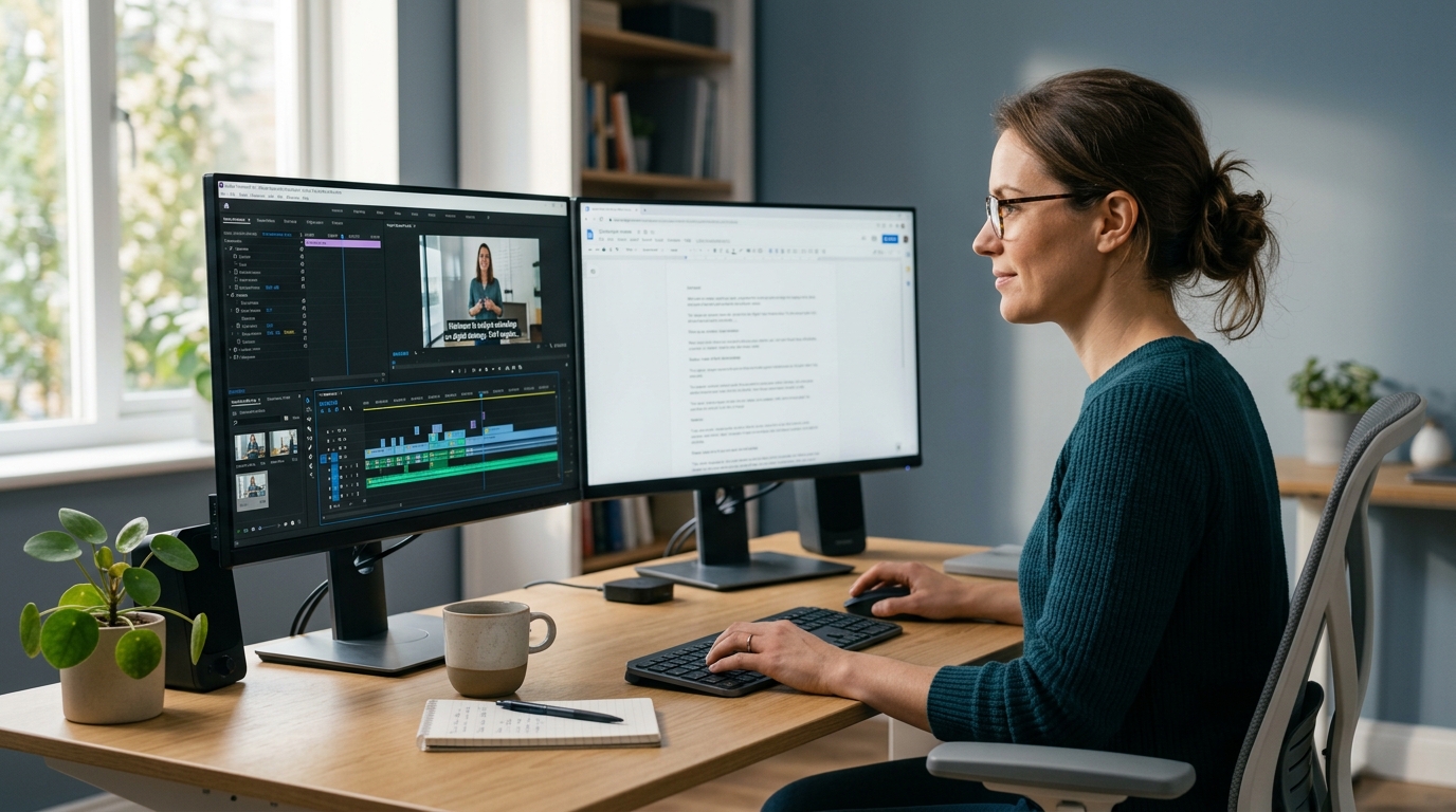Professional editing video captions on a dual-monitor desktop setup, representing caption editing software for high-volume wo
