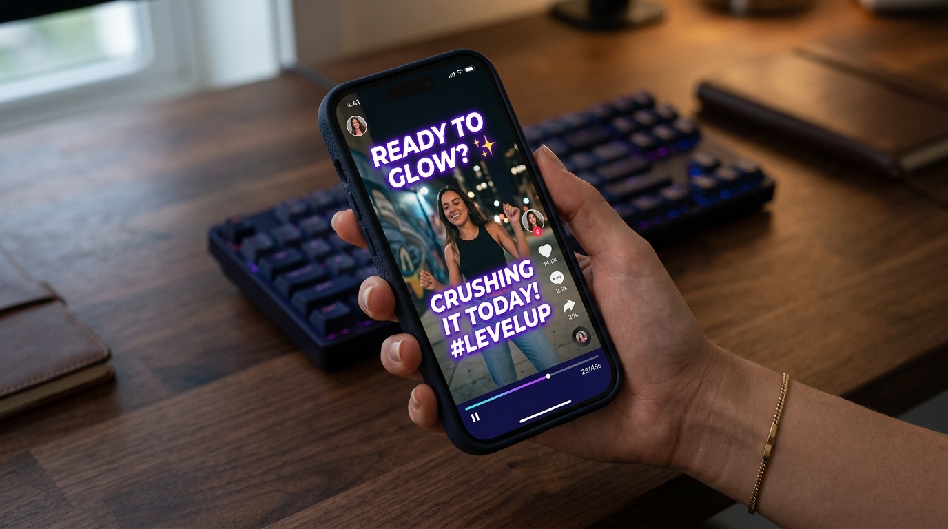 Smartphone displaying a TikTok video with bold animated captions, representing caption app options for TikTok creators.