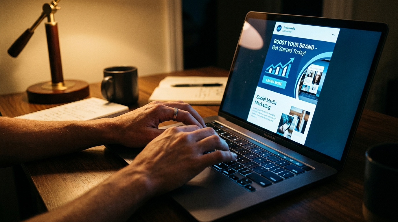 Hands at a laptop showing a glowing social media ad mockup, illustrating the craft of writing ad captions that convert.