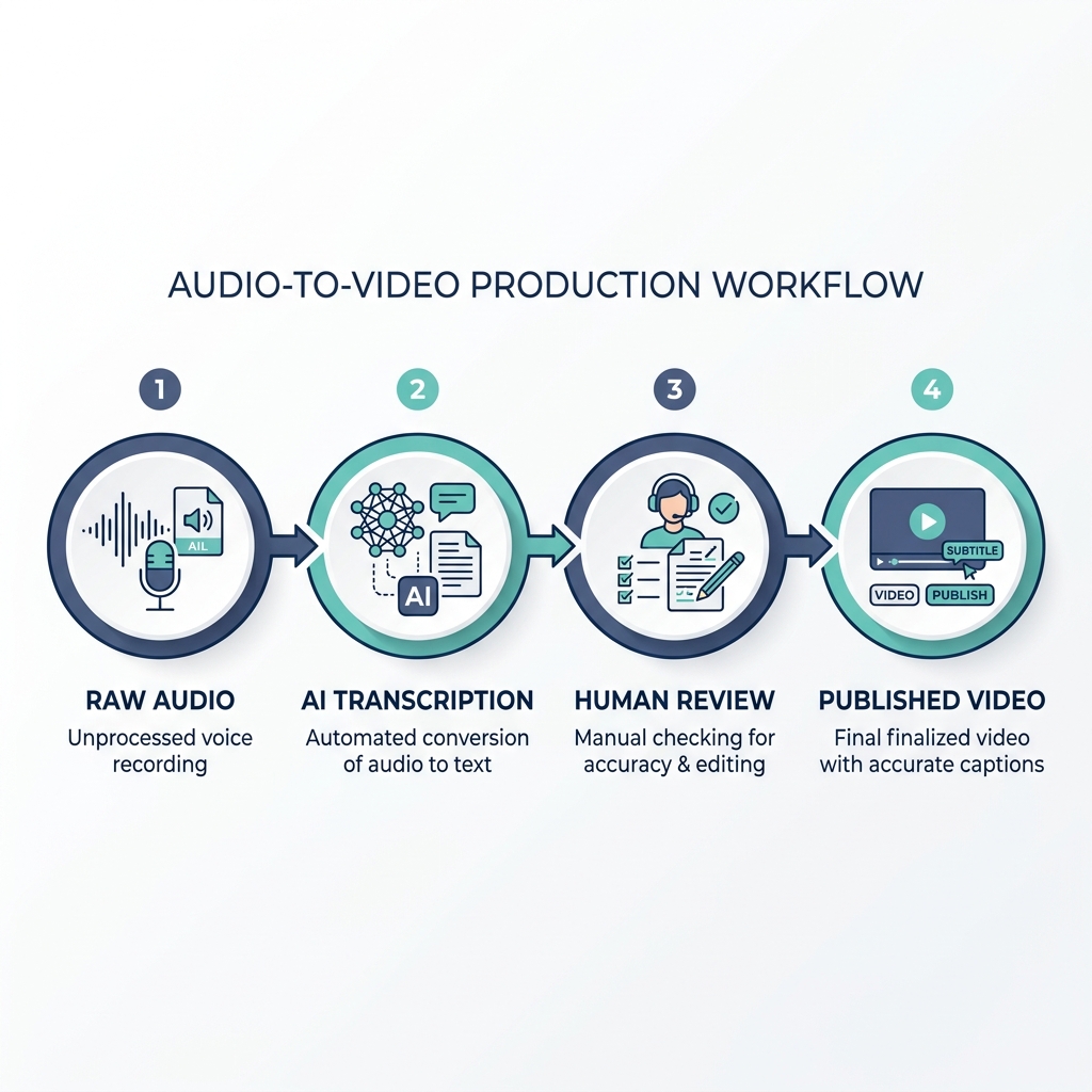 Four-step caption editing workflow from raw audio to publish-ready video.