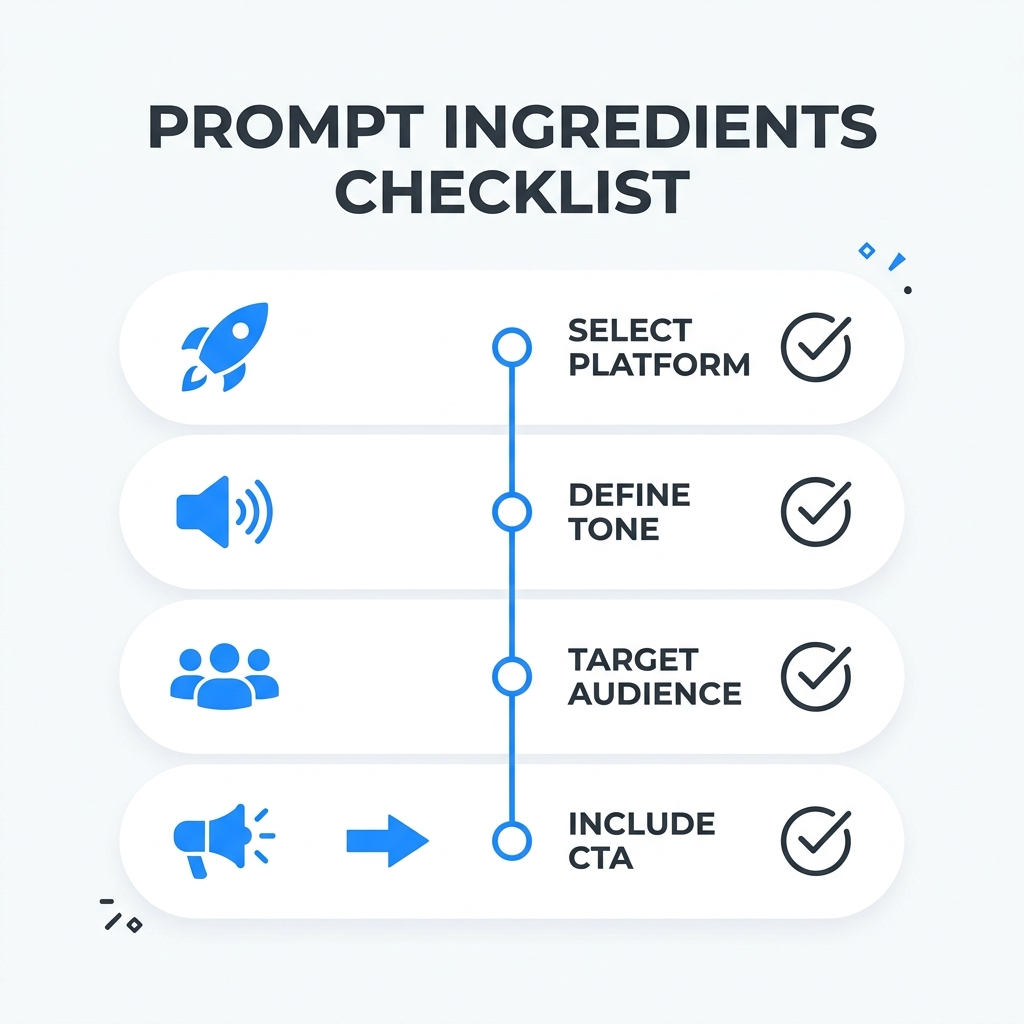 Checklist infographic showing four key inputs that improve AI caption generator results: platform, tone, audience, and CTA.