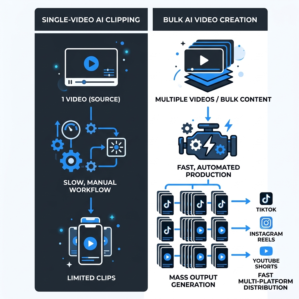 Infographic comparing single-video AI clipping tools versus bulk video creation and multi-platform distribution.