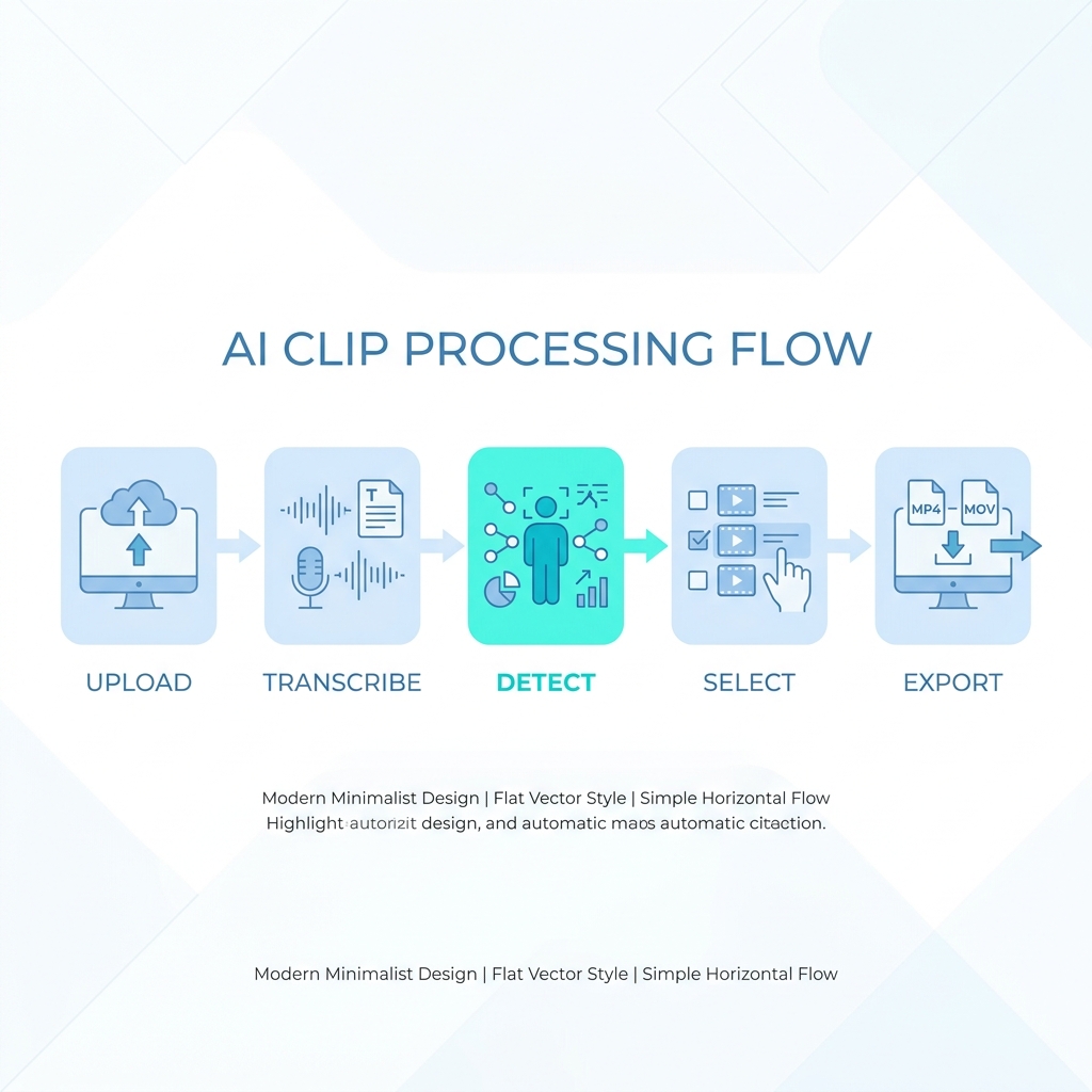 Five-step infographic showing how an AI clip generator processes video from upload to export.