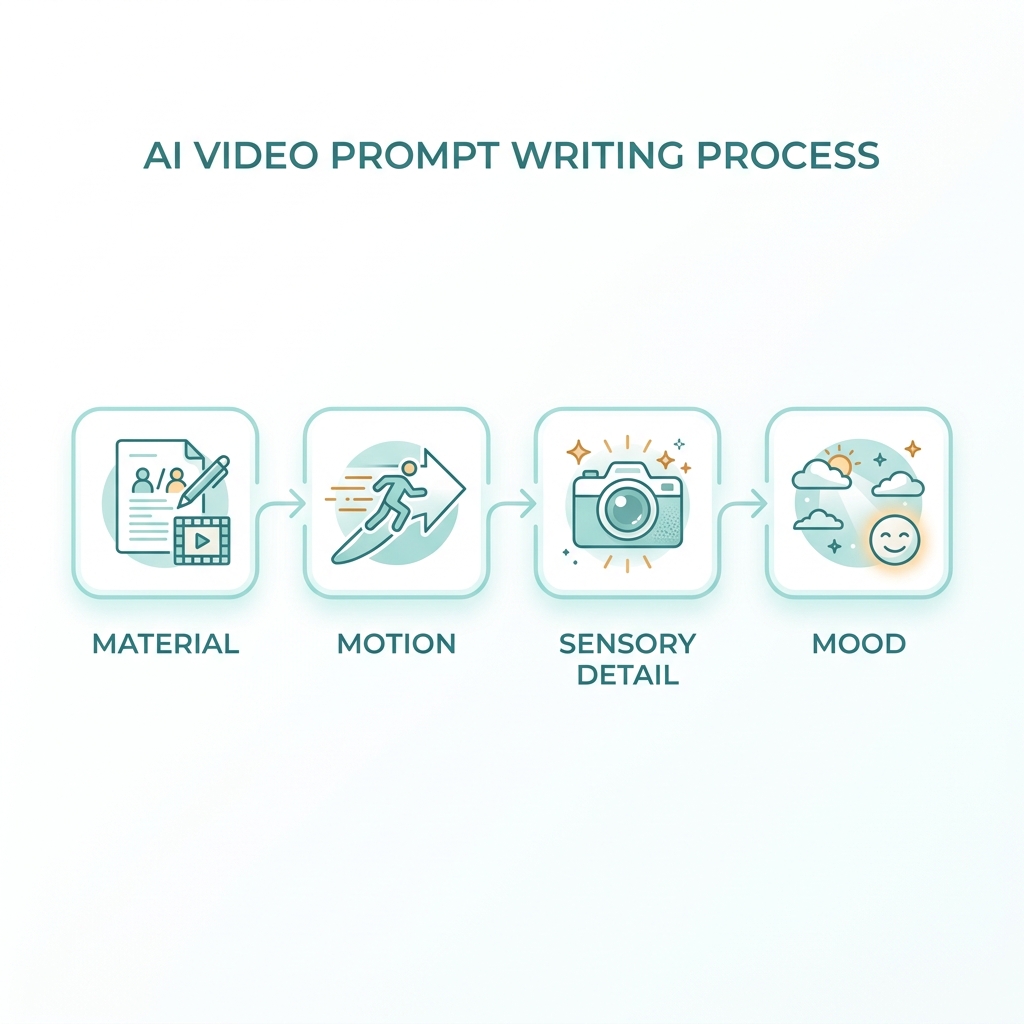 Four-step infographic showing the prompt formula for creating AI cutting videos: material, action, sensory detail, mood.