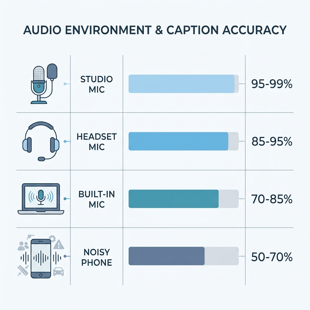 Infographic showing how audio quality affects AI caption accuracy across four recording environments.