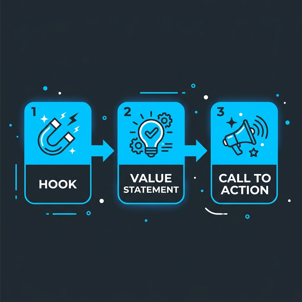Three-part infographic showing the anatomy of a high-converting ad caption: hook, value statement, and CTA.