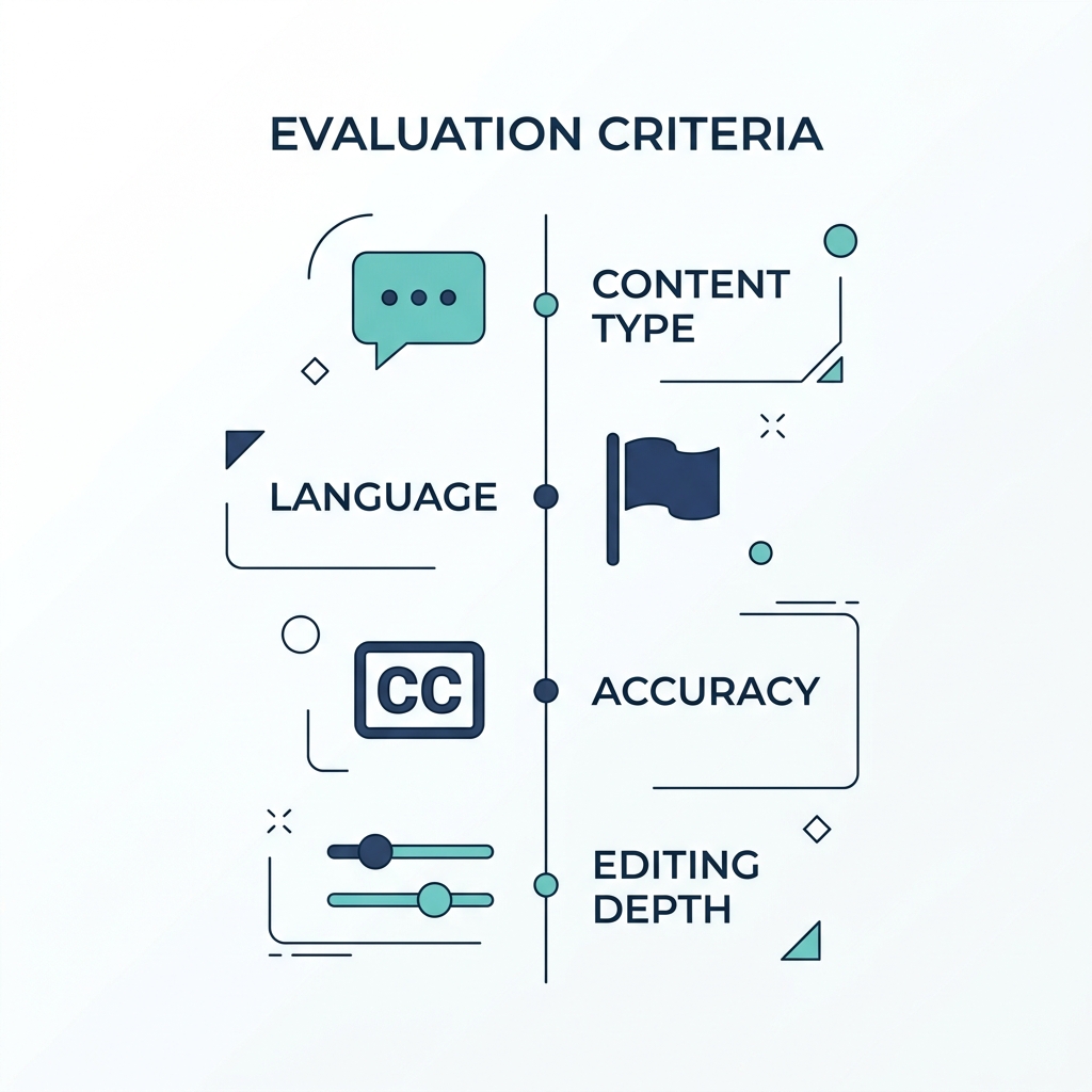 Checklist infographic showing four criteria for evaluating a clipping AI tool: content type, language, captions, and editing.