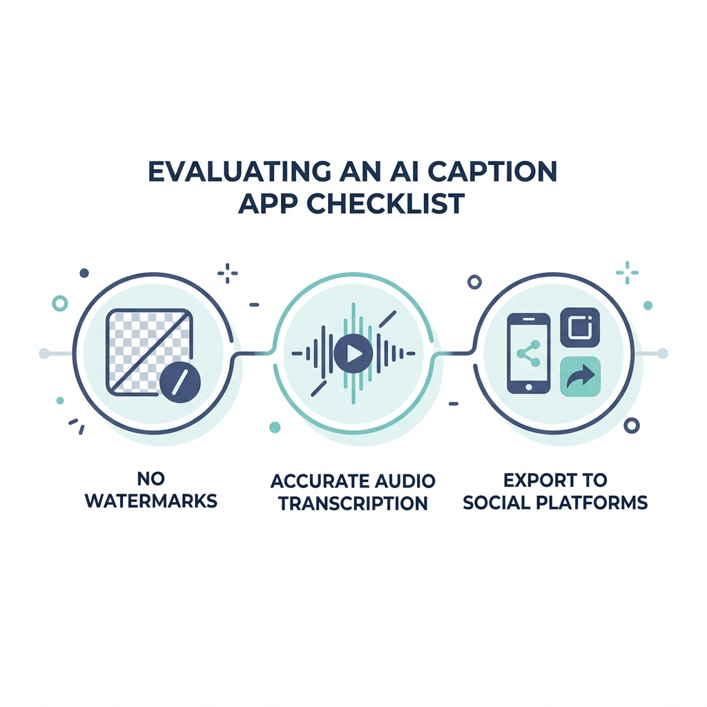 Three-step checklist infographic for evaluating an AI caption app: watermark policy, audio accuracy, and platform compatibili
