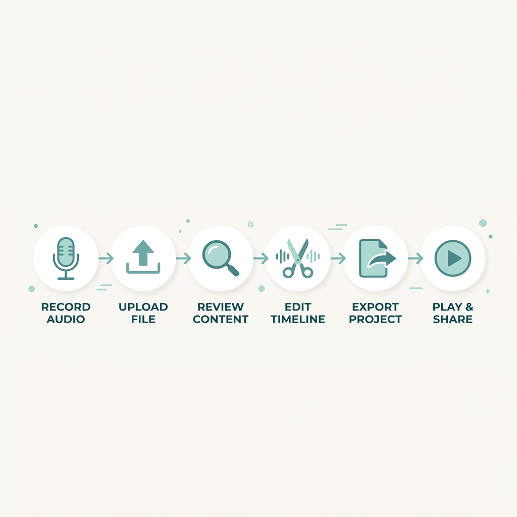 Six-step workflow infographic for generating, reviewing, and publishing AI video captions.