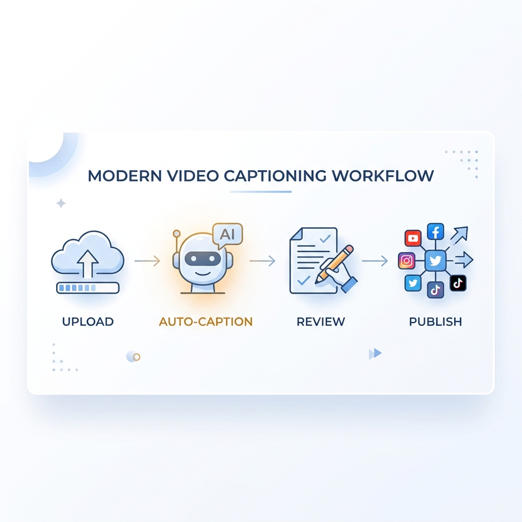 Four-step infographic showing the captions editing workflow from upload to multi-platform publish.