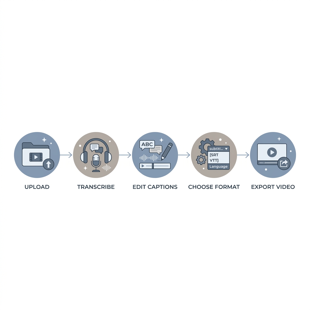 Five-step infographic showing the process to add captions to video: upload, transcribe, edit, choose format, and export.